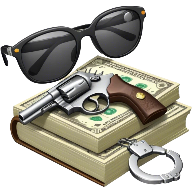 Icon for Action & Crime Reading: an open book, a revolver, handcuffs. Surrounding elements include a dark alley, a police badge, and a pair of sunglasses. The icon should evoke tension, suspense, and action. a stack of cash. Transparent background. emoji