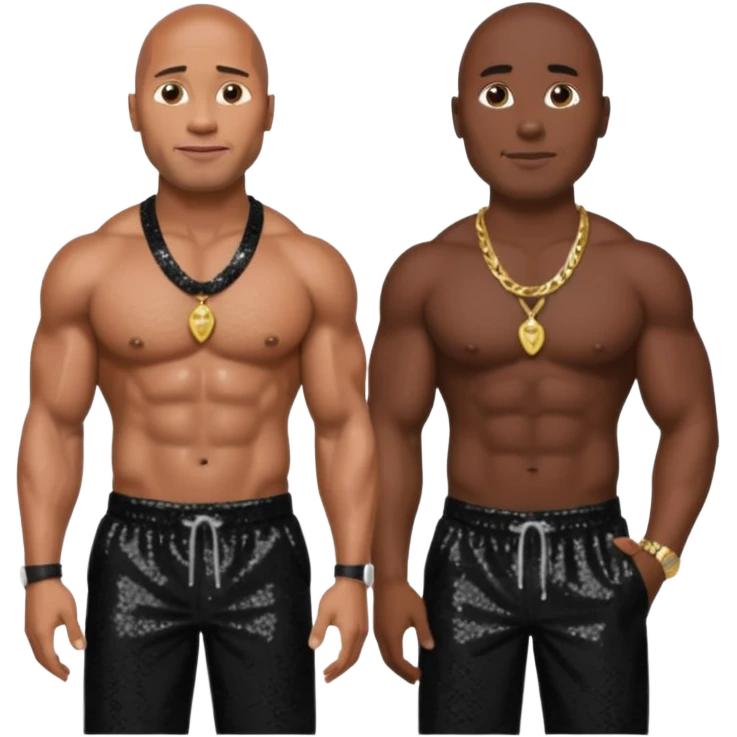 Dwayne Johnson with black sequin baggy pants, shirtless with necklace, dark brown hair emoji