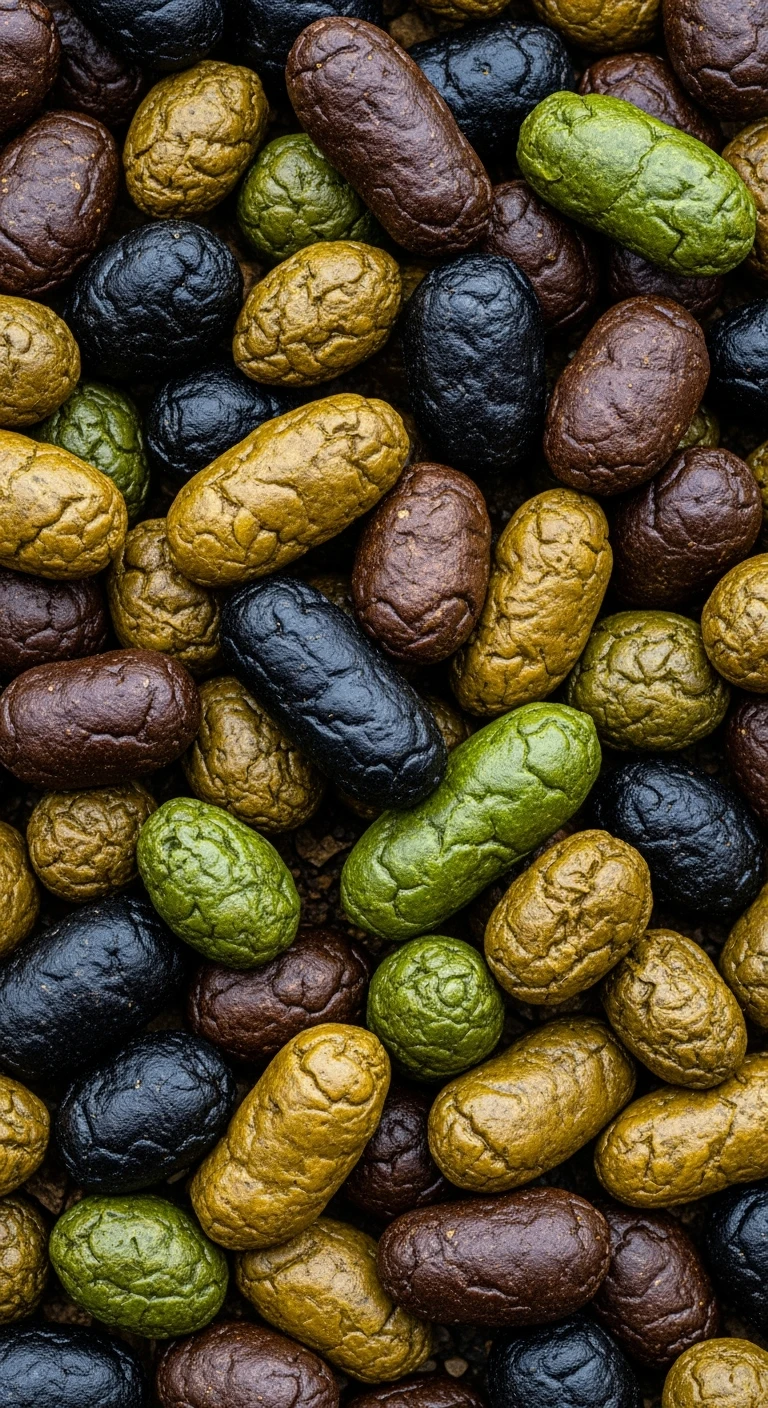 FECI DI ANIMALE VISTE DALL'ALTO DI FORMA, DIMENSIONE E COLORI DIFFERENTI, IPERREALISTICA 4K emoji