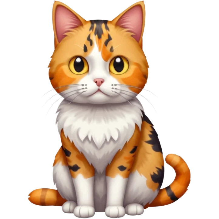 full body colourful calico tabby cat with skinny head and fat body with an anxious face emoji