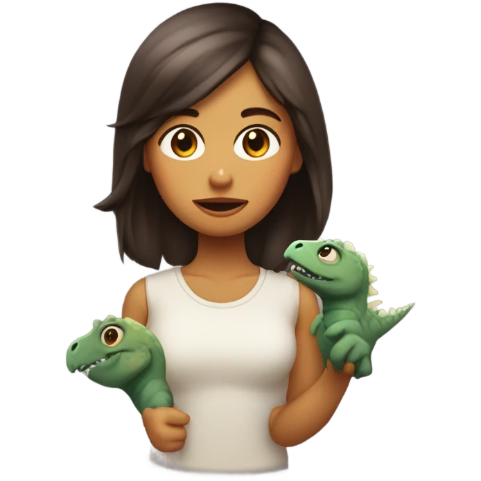 Chica,morena, pelo largo liso, tomando a un dinosaurio brbe emoji