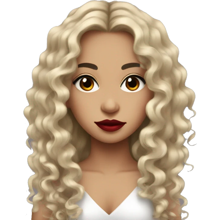 Girl with curly black long hair and black eyes with red lipstick and eyeliner emoji