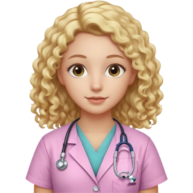 Apple-style emoji of a young woman with long, soft blonde curly hair, wearing light pink medical scrubs

 emoji