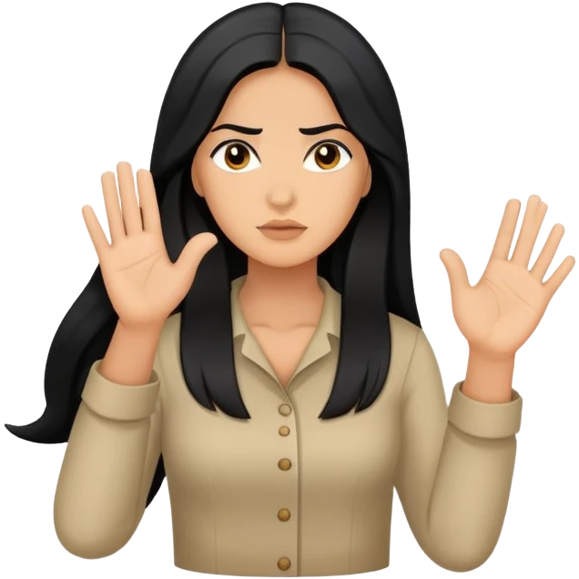 Hispanic woman with long hair, determined, one hand out motioning to stop emoji