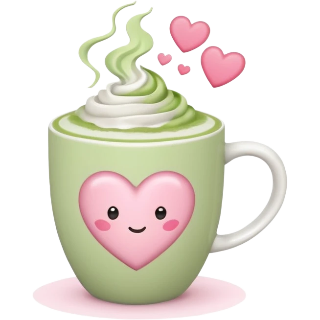 White ceramic mug of matcha latte with heart froth, pastel pink backdrop emoji