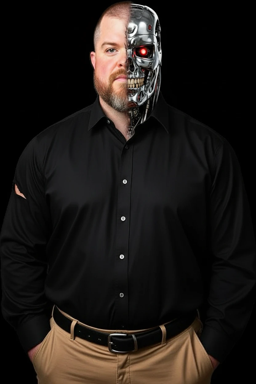 Turn this man into a realistic terminator with attire like in the movie and  as depicted in the movies, with part of the robotic structure showing in the face and half his regular face, make him more muscular emoji