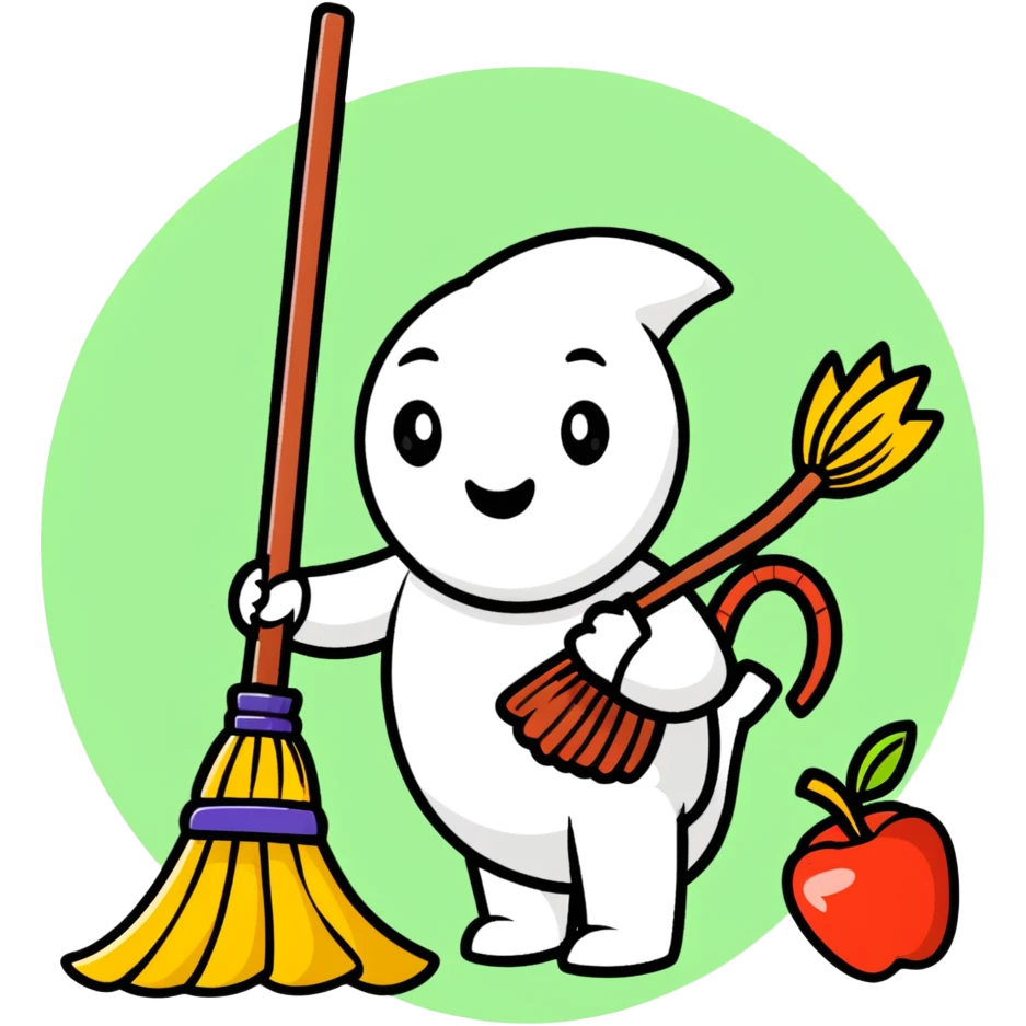 Friendly broom character sweeping through intestines, representing how fiber cleans the digestive system, surrounded by healthy food symbols emoji