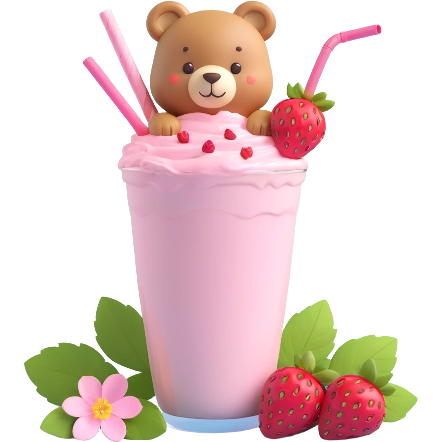 strawberry milkshake cup with a straw, cute bear peeking out, two strawberries with green leaves, pink cherry blossom flowers, pastel colors, soft shadows, clean and minimalistic design, 3D iOS style emoji