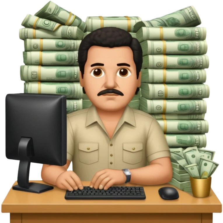 drug lord Pablo escobar using computer with money wallpaper as background emoji
