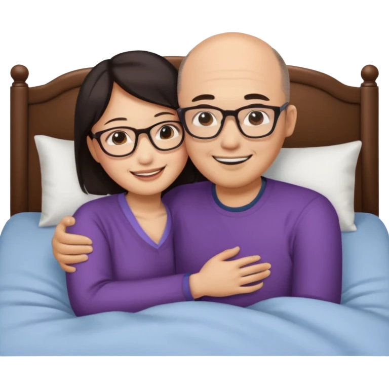 asian woman and slightly balding asian man wearing naked in bed hugging.  Only the man wears glasses. emoji