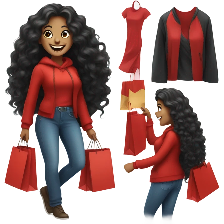 A happy woman with long black hair, big smile, holding shopping bags, curvy figure, festive red outfit emoji