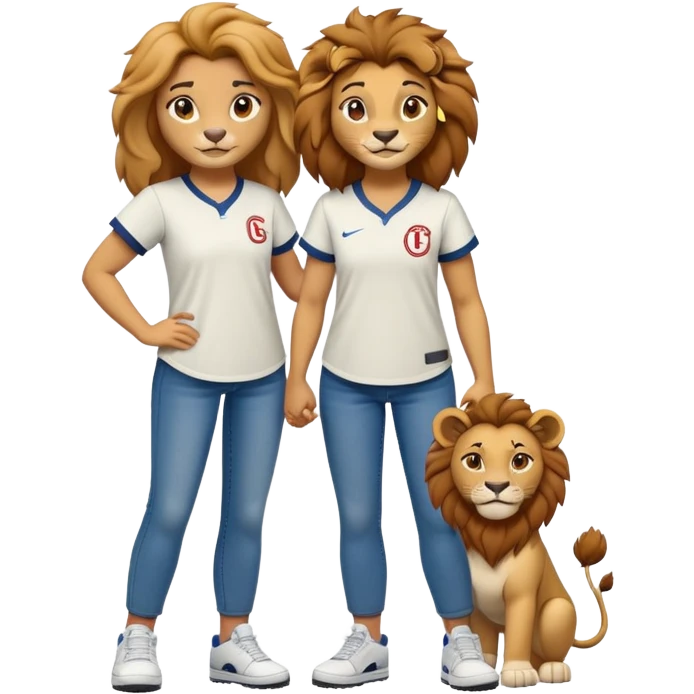confident anthropomorphised female lion wearing a baseball shirt, jeans, and trainers, showing comfort and support to another character emoji