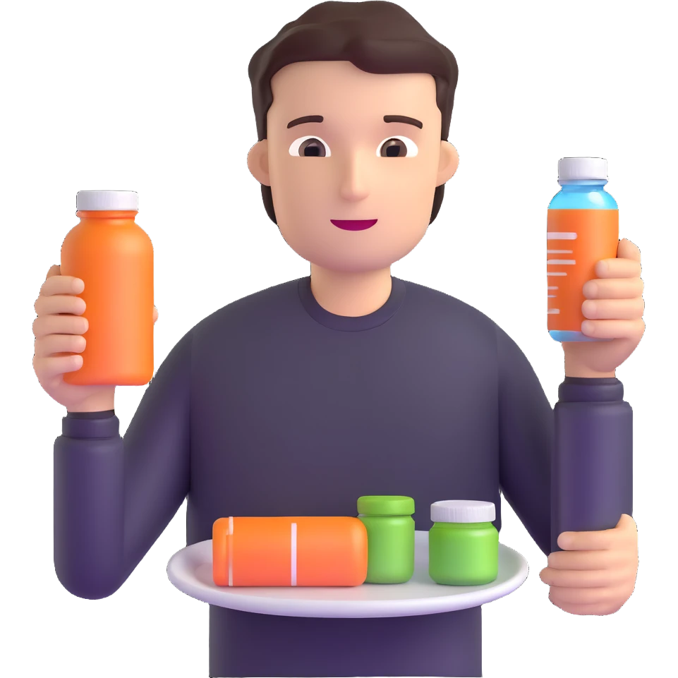 person holding a supplement bottle and looking at an empty plate emoji