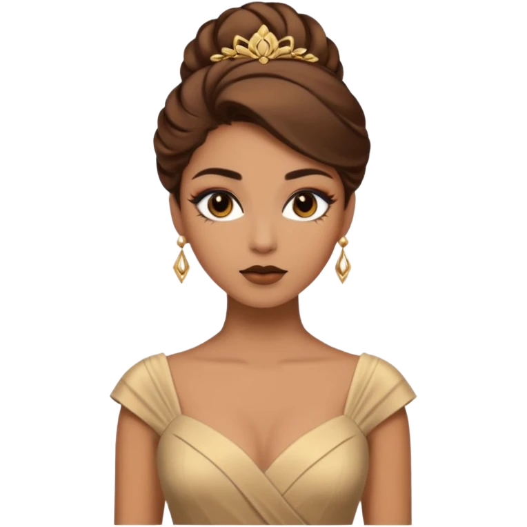 Woman using a long elegant dress. She has medium skin tone and a brown with gold makeup emoji