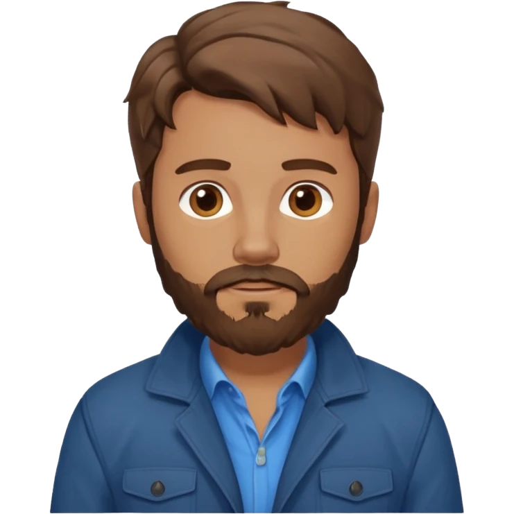 Avatar of a bearded man with wavy brown hair, wearing a brown jacket over a blue shirt, on a light blue background. emoji