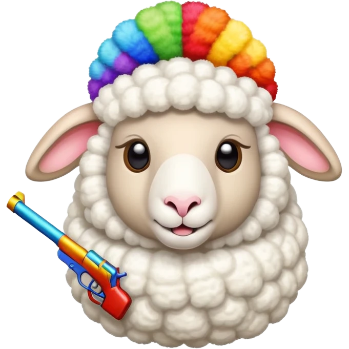 a sheep holding two guns and wearing a childish colorful propeller hat  emoji