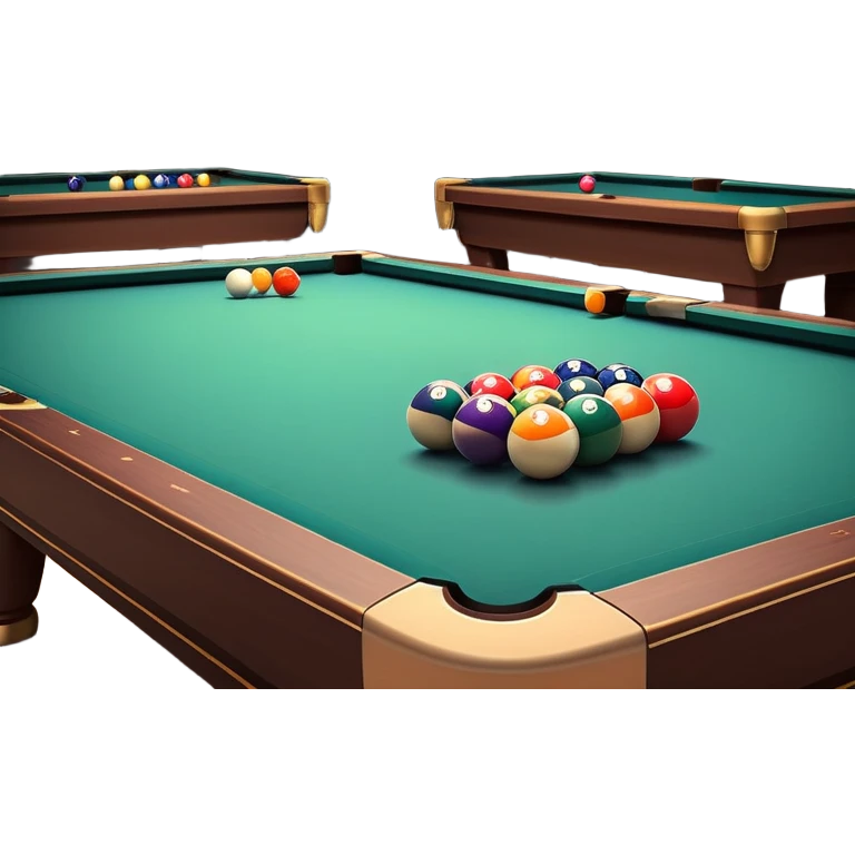 A well-arranged pool table with colorful billiard balls neatly placed, and a cue stick poised to take a shot. The setting is a dimly lit room with a focused atmosphere, highlighting the precision and strategy involved in the game of billiards. emoji