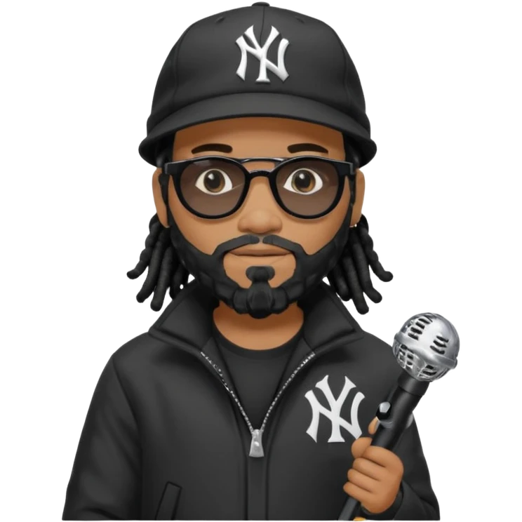 African American Man with shoulder length black dreadlocks with black beard wearing black sunglasses wearing a black bubble winter coat and a New York Yankees logo baseball cap in recording studio emoji