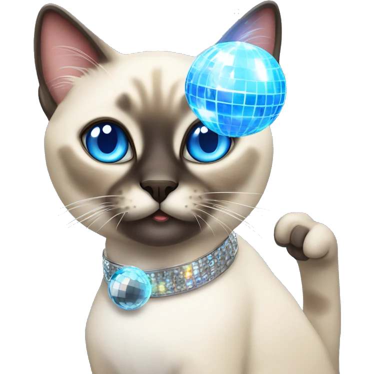 blue eyed siamese Tabby mixed cat holding a disco ball emoji