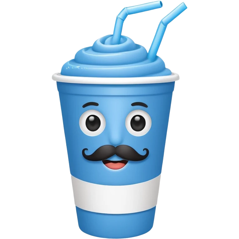 paper blue cup and white straw, the cup has eyes and mouth and mustache emoji