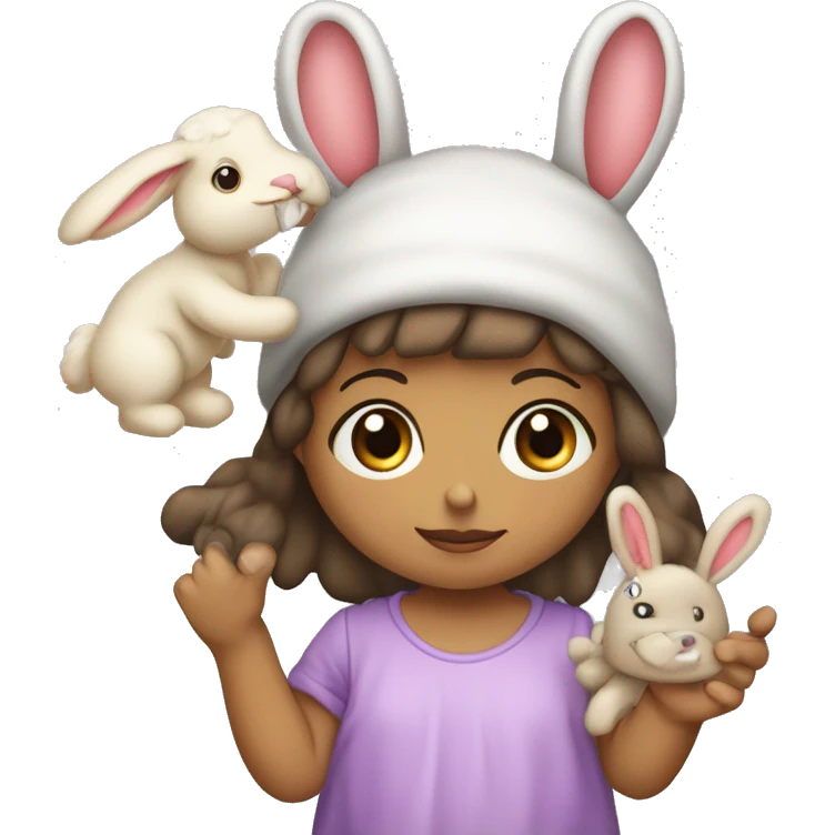 Niña 18 meses con chupete y con muñeco de conejo de trapo en la mano emoji