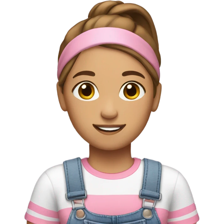 A skin white woman with brown hair in pony tail wearing white headband, pink t shirt and overalls  emoji