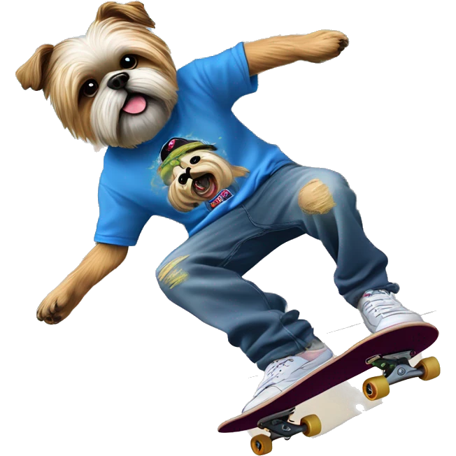 shi tzu wearing jnco jeans and limp bizkit graphic tee while skateboarding and doing a kickflip emoji