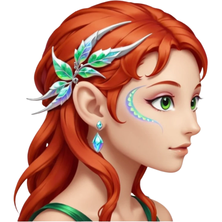portrait of red haired Elvish fae shiny sparkly iridescent translucent diaphanous ear climber ear cuff emoji