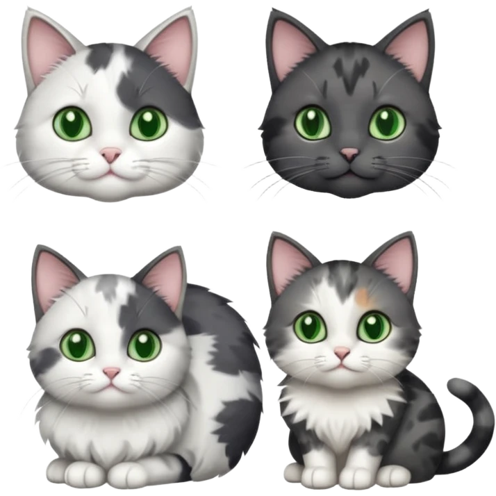 3 different coloured small cats including a dark grey and white, and a patchy calico and a completely solid dark grey with green eyes and only white paws emoji