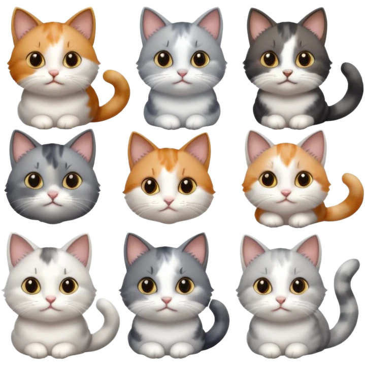 6 realistic looking cats with different natural coloured coats, assorted grey and white, greys, calico, brown and white colours etc
 emoji
