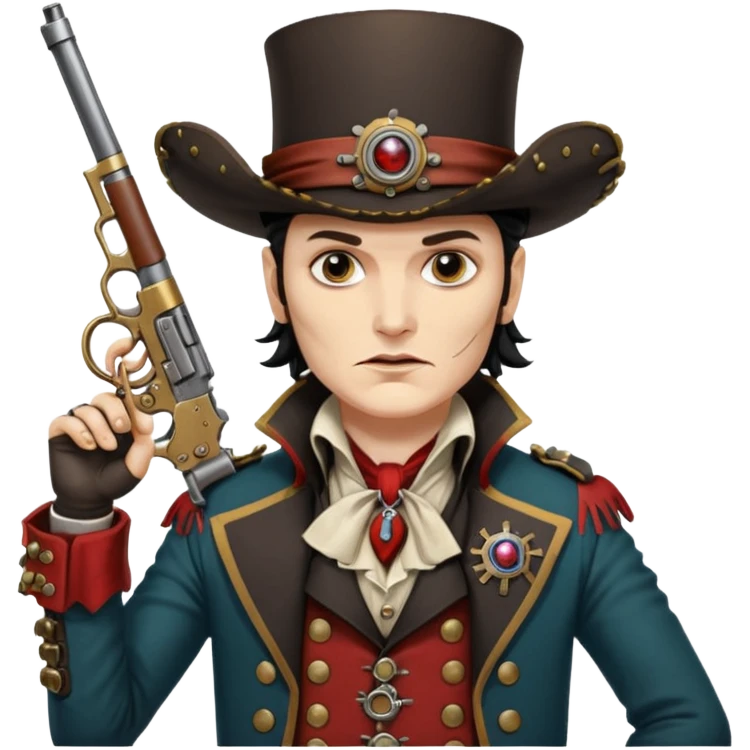 Adam Ant  painted with Indian war colors  is wearing like a highwaymen, holds two steam punk retro guns in his hands emoji