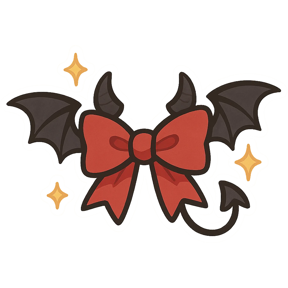 devil bow, red and black, small horns on the bow, pointed ends, mischievous vibe, bat wings, sparkles emoji