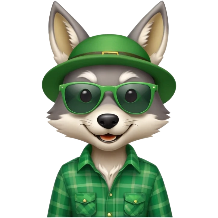 friendly anthropomorphised wolf in green plaid shirt and green attire for St. Patrick's Day, wearing dark sunglasses, festive pose emoji