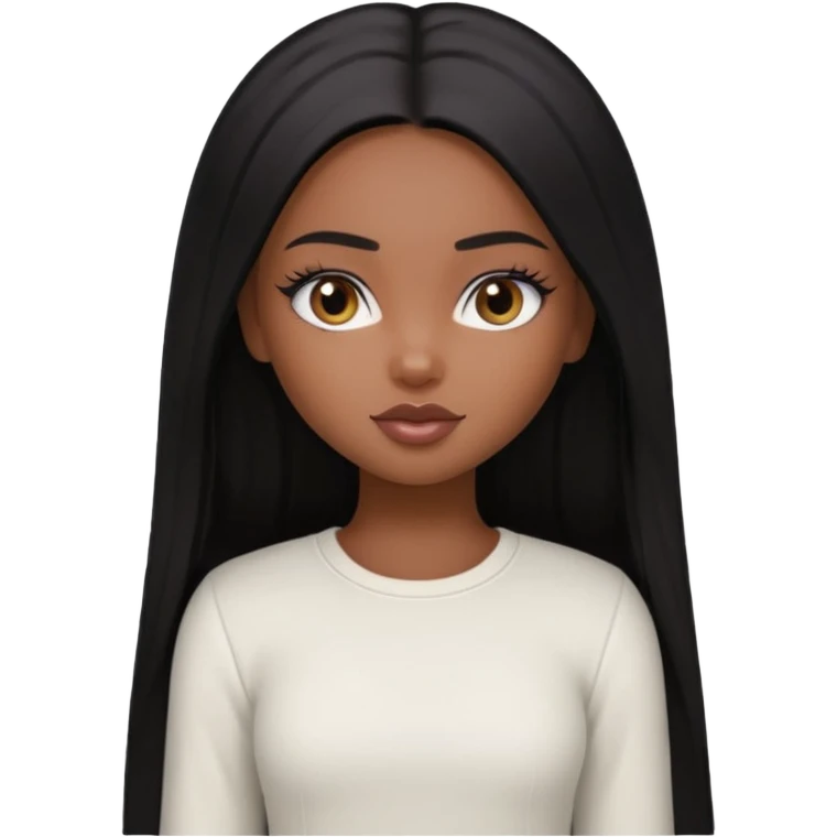 a pretty bratz brown girl with long straight black color hair and a white full sleeve emoji