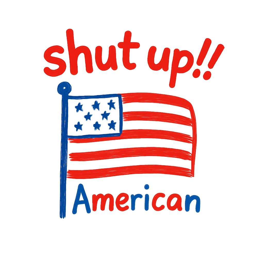 Update the design so all text and lines use USA flag colors: red, white, and blue. Keep 'shut up' at the top, the USA flag in the center, and 'american' at the bottom. Make the style hand-drawn and doodle-like. emoji