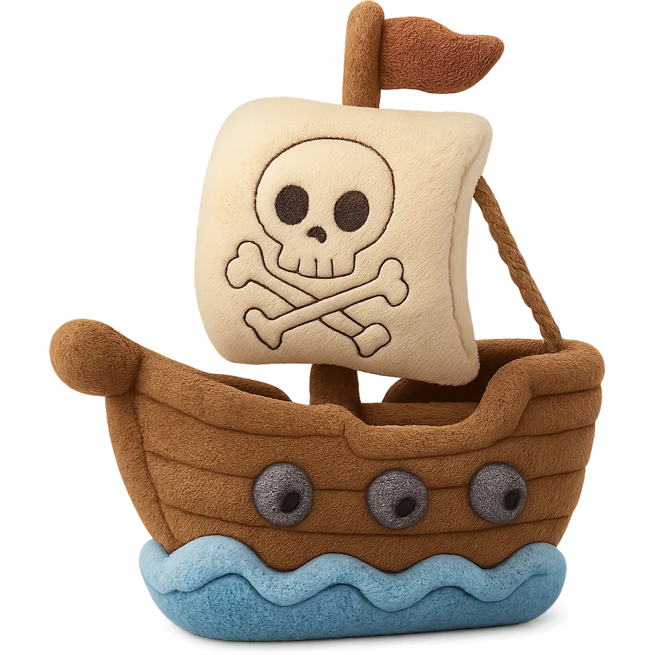 A cute stuffed pirate ship with fuzzy texture, embroidered waves at the base, tiny fabric cannons, and stitched rope details emoji