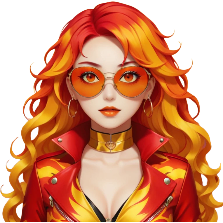 Beautiful gorgeous anime lady with beautiful fiery long warm-red-orange-yellow-gradient-wavy-special-hair, fashion aesthetic, slim red-tinted-sunglasses, accessories, gold jewelries, red-and-yellow sunny-pattern-eyes, black latex-suit, biker-woman, cool, badass, gold-sun-shaped-earrings, ahoge emoji