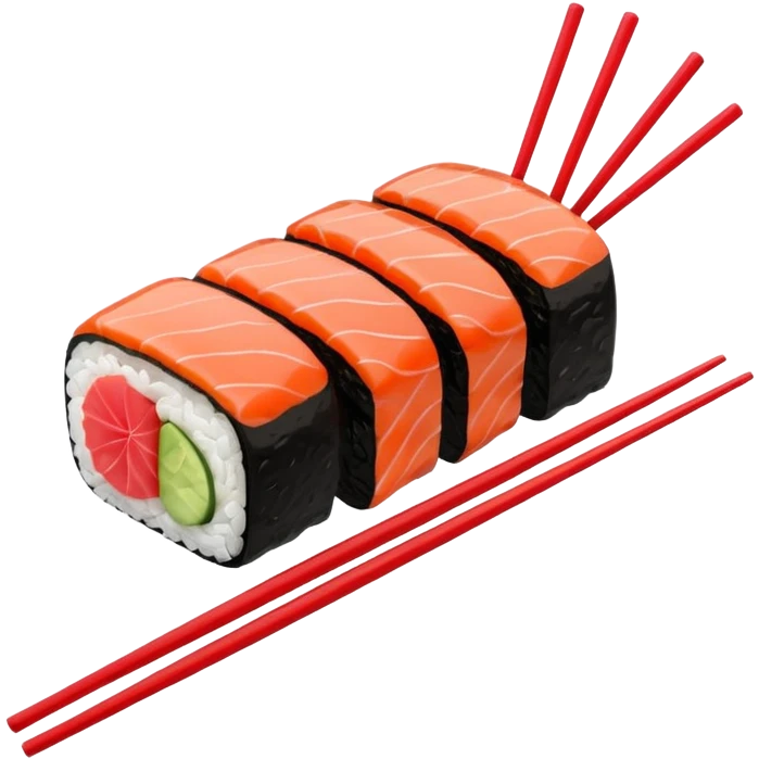 Japanese cuisine humanless avatar in minimalist emoji-style illustration. Sushi, roll and 2 chopsticks, clean lines, red white colors, flat design, calm and modern. emoji