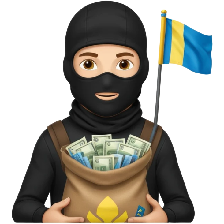 создай реалистичного белого украинца в черное одежде и черной балаклаве и в руках большой мешок денег с флагом украины на нем emoji