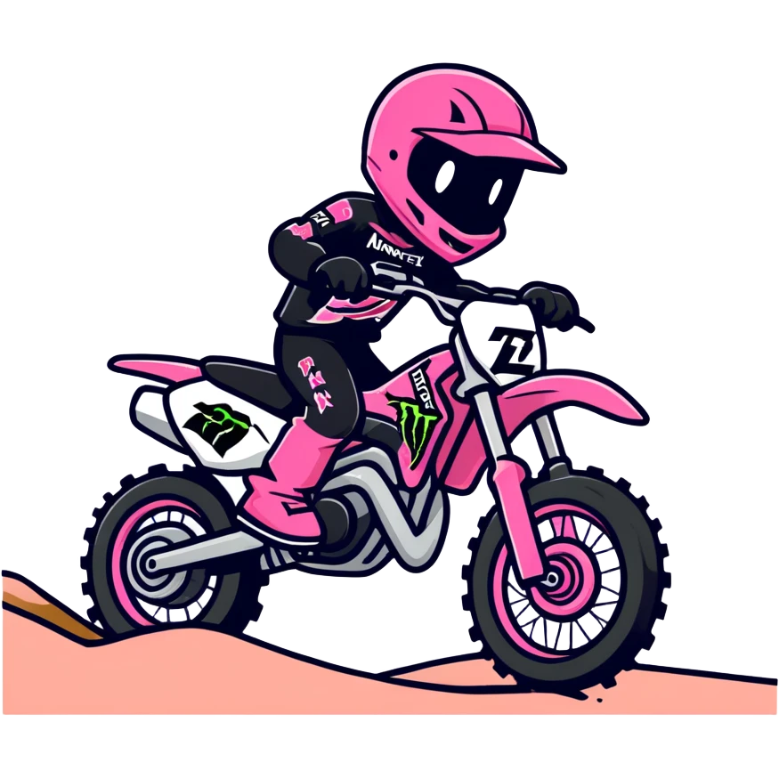 Pink dirt bike with black monster energy logo emoji