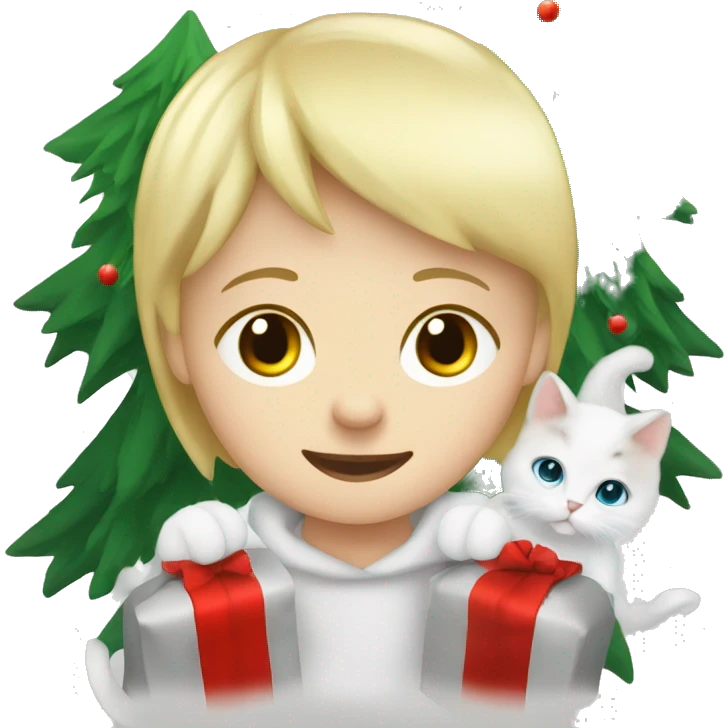 Blond kid with two white Sibirien cats next to a Christmas tree emoji