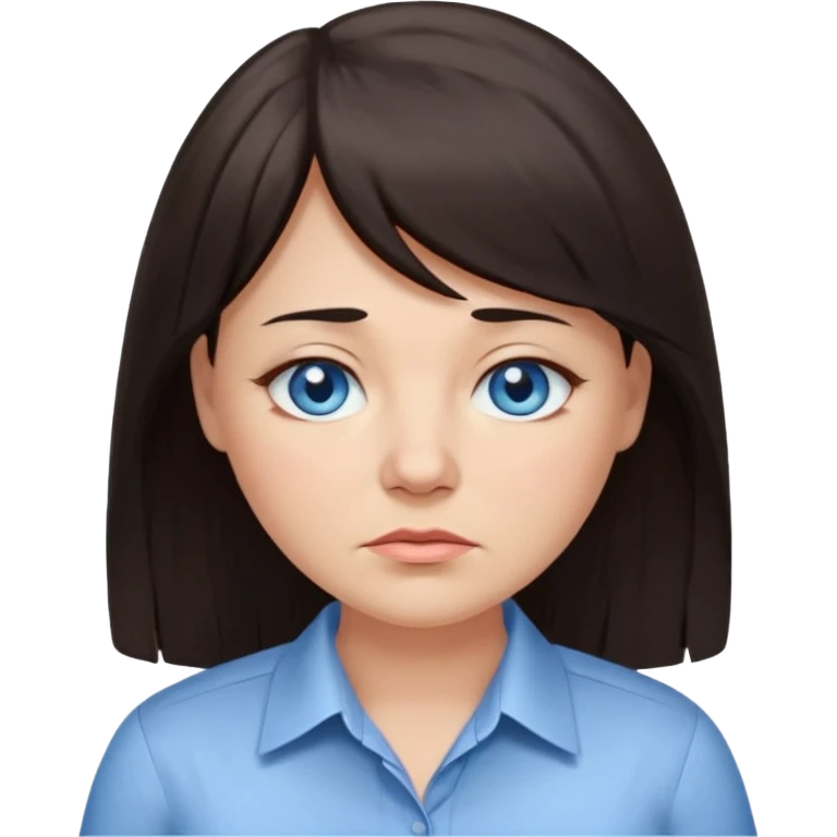40 yr old woman, blue eyes, long straight dark brown hair, business shirt, chubby, bangs, long hair, tired emoji