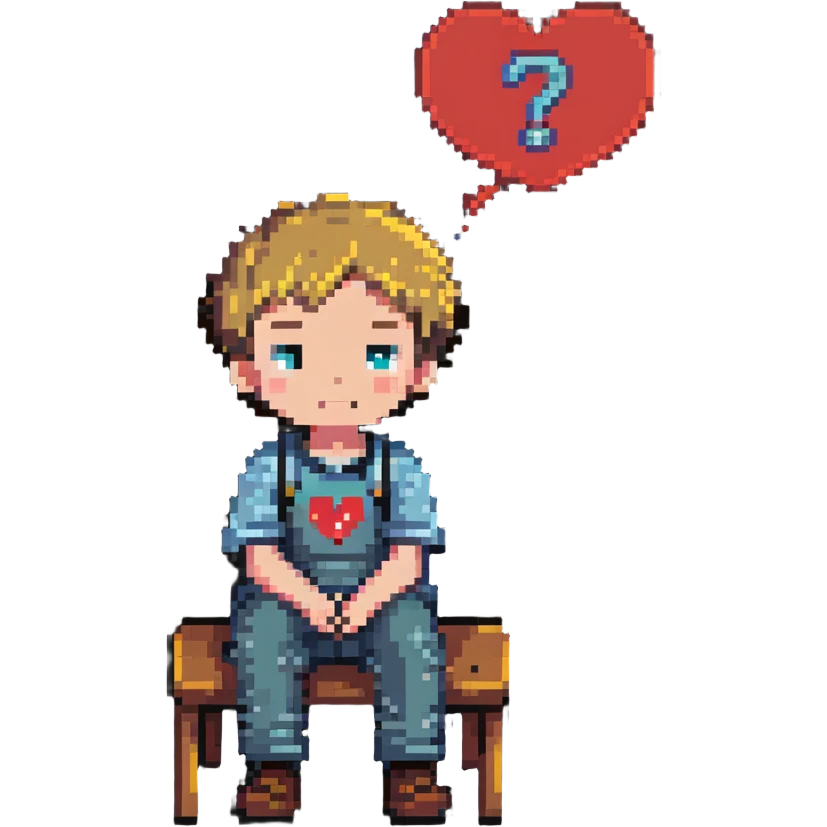 boy sitting, looking thoughtful, with a thought bubble containing a heart and question mark emoji
