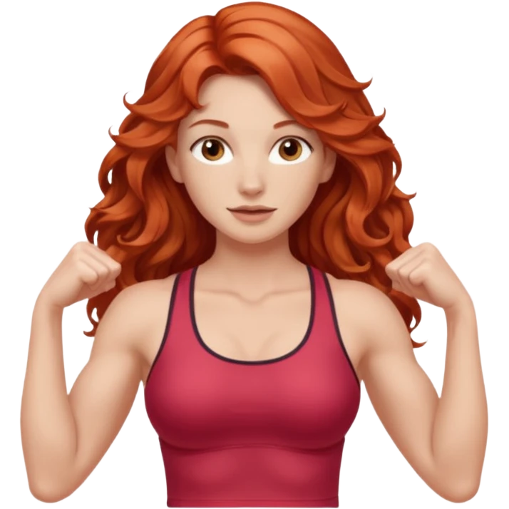 Athletic girl with long light red wavy hair and smaller boobs bigger arms not too big emoji