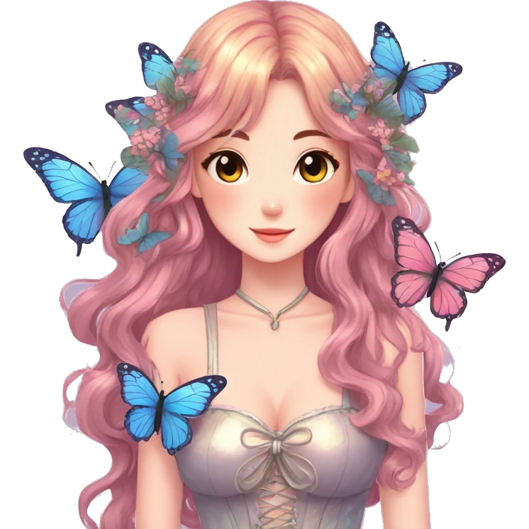 gorgeous shiny anime lady with butterflies and beautiful hair fairycore cottagecore high quality detailed emoji