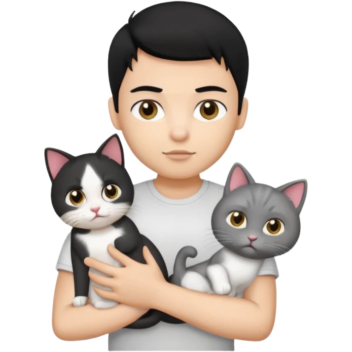 generate a pretty bratz emoji of a boy with black hair wearing a white tshirt and holding a cat in his right hand emoji