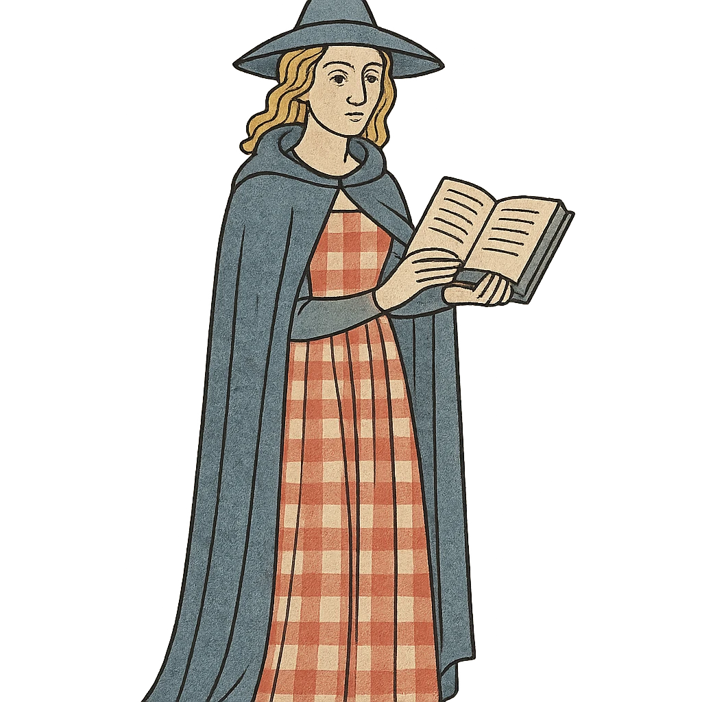a young woman mage with golden blonde hair, red and white gingham dress, blue cloak and pointy hat, medieval fantasy, holding a spellbook emoji