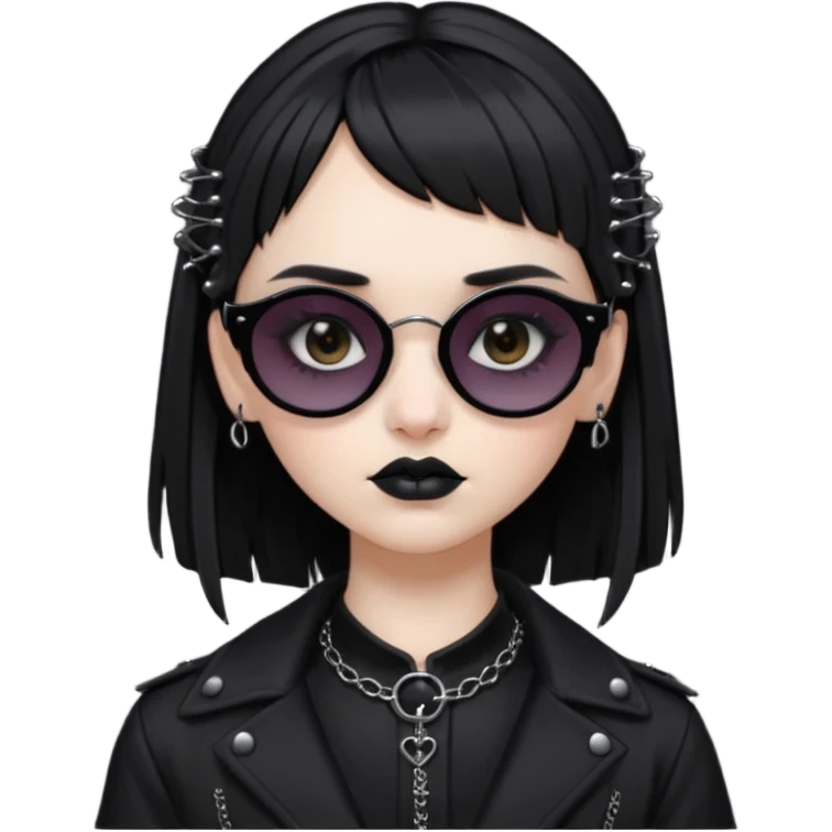 Faça uma moça de cabelo preto micro franja e penteado gótico pálida e com maquiagem gótica pesada olhos castanhos escuro e óculos de sol  emoji