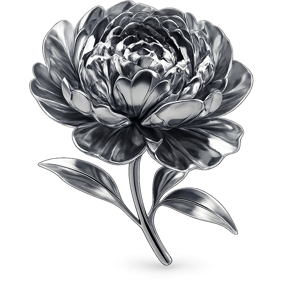reflective chrome peony with intricate, ruffled petals, highly metallic emoji