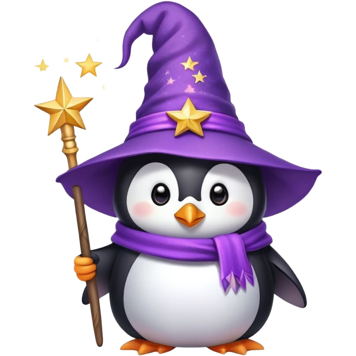 A cute penguin wearing a purple wizard hat and holding a magic wand with a star on the tip emoji